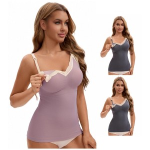 INSPIRE CHIC Women's 3 Pcs Lace V Neck Pregnancy Cami with Built-In Bra Maternity Nursing Tank Top for Breastfeeding - 1 of 4