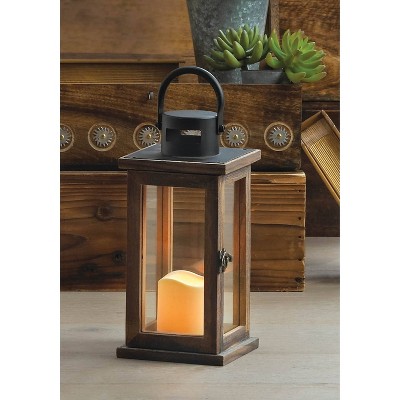 Rustic Brown Wood Hanging Lantern with LED Candle