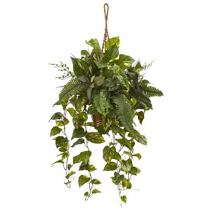 Nearly Natural 46" x 28" Artificial Mixed Pothos and Boston Fern in Hanging Basket - Indoor Faux Greenery Decor - 1 of 3