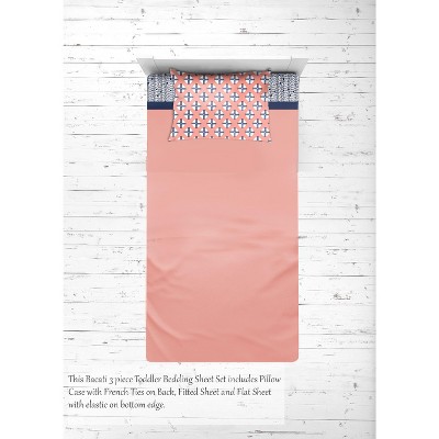 Bacati - Olivia Tribal Print Coral Navy 3 pc Toddler Bedding Sheet Set