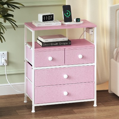 WOWLIVE Nightstand with 4 Drawers & Outlet, Bedside Table with LED Lights & 2-Tier wooden Shelf