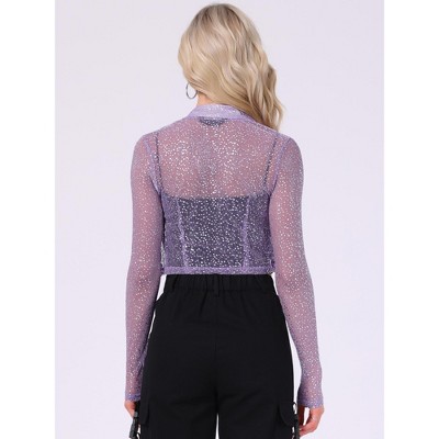 INSPIRE CHIC Women's Sheer Stand Collar Zip Up Shiny Cropped Jacket Large Silver — фото 4