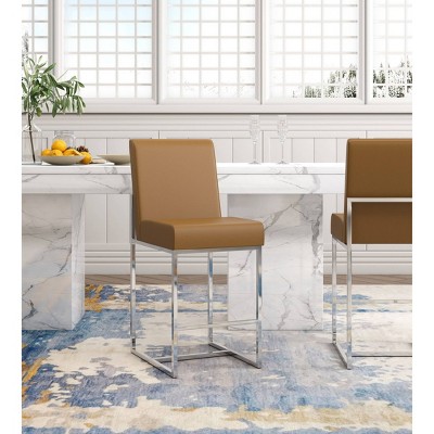 Camel Faux Leather & Polished Chrome Counter Stool, Set of 3