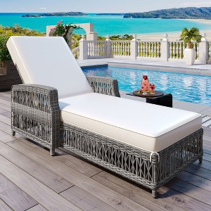 All-Weather Wicker Long Reclining Chaise with Armrests, Removable Cushions for Poolside and Garden - 1 of 4