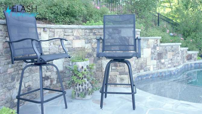 Flash Furniture Valerie Patio Bar Height Stools Set of 2, All-Weather Textilene Swivel Patio Stools and Deck Chairs with High Back & Armrests, 2 of 14, play video