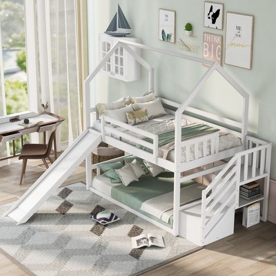 NicBex Bunk Bed Twin over Twin Classic House Shape Pine Frame Bed Frame with Detachable Slide, Ladder for Storage, No Spring Box Required
