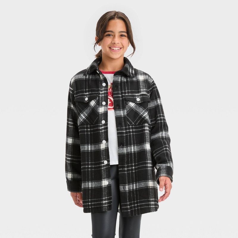  Girls' Cozy Lined Plaid Shacket- art class™, 1 of 7