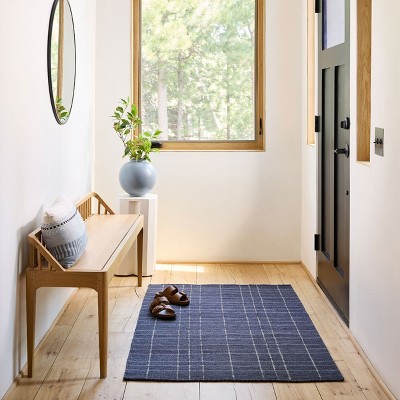 Handmade Blue Wool Rectangular Plaid Area Rug