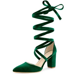 Allegra K Women's Faux Velvet Lace Up Pointed Toe Chunky Heels Pumps - 1 of 4