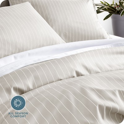 Queen Pinstripe Stone and White Microfiber Duvet Cover Set
