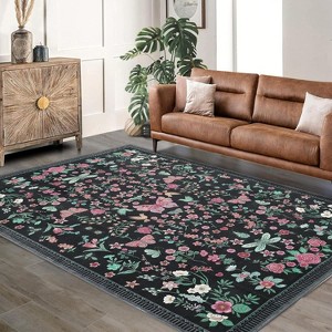 GustoWave Various sizes Modern Floral Machine Washable Indoor Waterproof Area Rug for Bedroom, Living Room, Black - 1 of 4