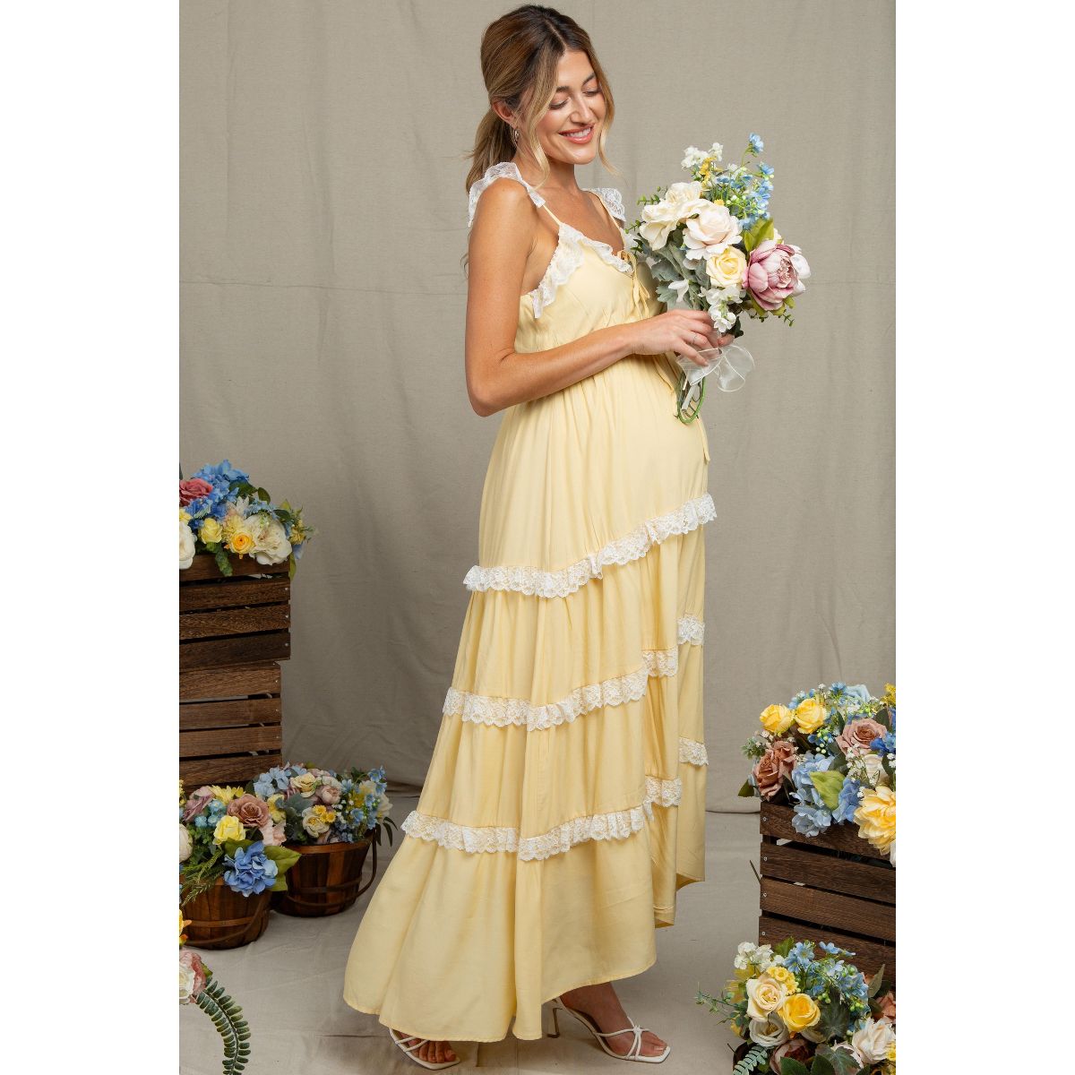 Pinkblush Yellow Lace Trim Tiered Maternity Maxi Dress