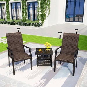 3pc Patio Conversation Set with Wicker Rattan Chairs & Square Coffee Table with Umbrella Hole - Captiva Designs - 1 of 4