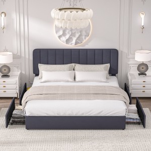 VECELO Upholstered Bed Frame with 1/4 Drawers and Adjustable Headboard, Twin/Full/Queen/King Platform Bed - 1 of 4