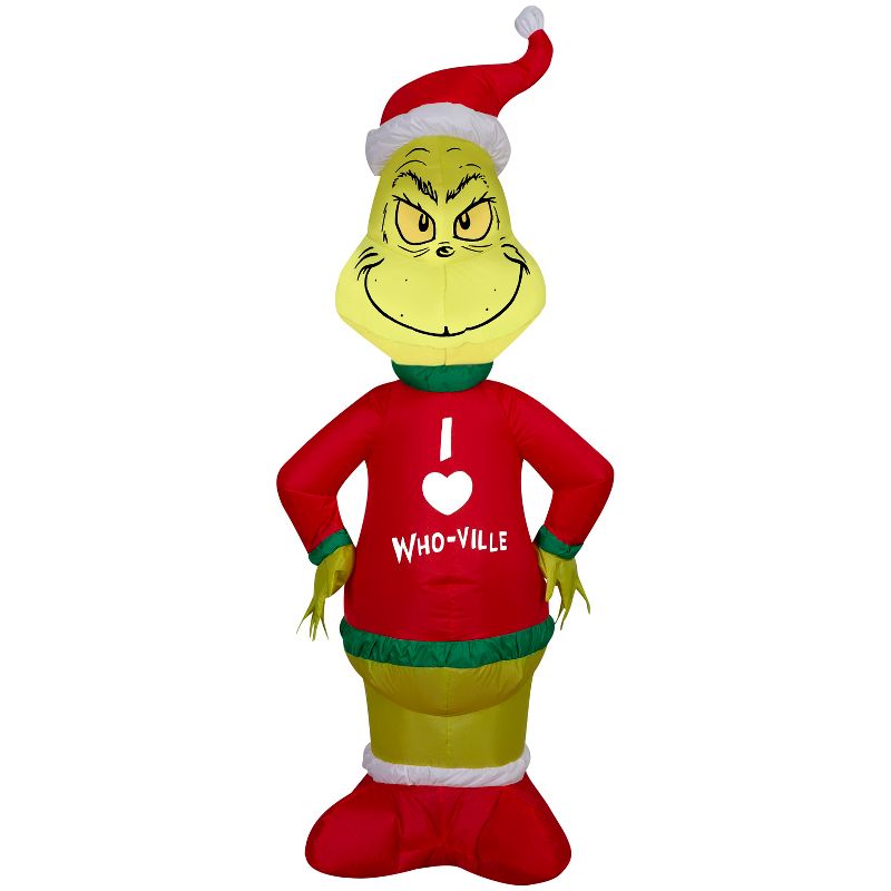 Gemmy Christmas Inflatable Grinch in Who Ville Sweater, 4 ft Tall, Multi, 1 of 7