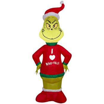 Gemmy Christmas Inflatable Grinch in Who Ville Sweater, 4 ft Tall, Multi
