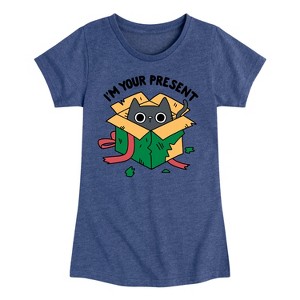 Girls' - Instant Message - Cat Christmas Present Fitted Short Sleeve Graphic T-Shirt - 1 of 4