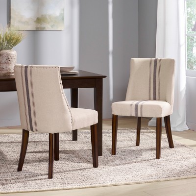 Blue Striped Linen Upholstered Parsons Dining Chairs with Wood Legs