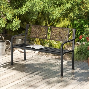 Costway 50" Outdoor Metal Park Bench with Rattan-Like Backrest & Curved Armrests - 1 of 4