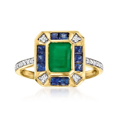Ross-Simons 1.00 Carat Emerald and .60 ct. t.w. Sapphire Ring With .11 ct. t.w. Diamonds in 14kt Yellow Gold