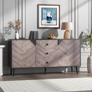 55.1" W Walnut Wood Storage Cabinet w/3 Drawers & 2 Doors, Contemporary Freestanding Storage Accent Cabinet for Living Room, Dining Room - 1 of 4
