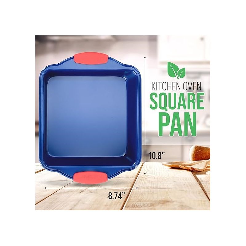 NutriChef Non-Stick Square Pan - Deluxe Nonstick Blue Coating Inside and Outside with Red Silicone Handles, 2 of 7