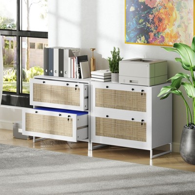 White and Rattan 2-Drawer Lockable Vertical File Cabinet