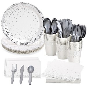 Juvale 144 Piece Silver Party Supplies with Plates, Napkins, Cups, Cutlery for Wedding, Birthday Table Decorations, Serves 24 - 1 of 4