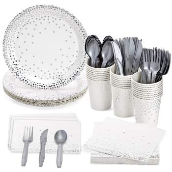 Juvale 144 Piece Silver Party Supplies with Plates, Napkins, Cups, Cutlery for Wedding, Birthday Table Decorations, Serves 24