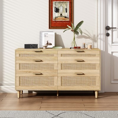FURNIinspire Dressers 6 Drawer Dresser Rattan Clothes Storage Cabinet, Freestanding Dresser For Bedroom Living Room, Brown, 51.18"*15.75"*29.53"