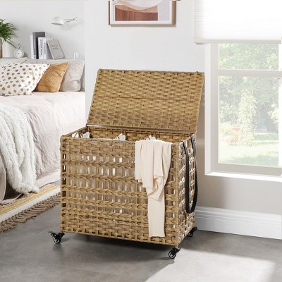 Natural Woven Polypropylene Kids Laundry Hamper with Lid and Wheels