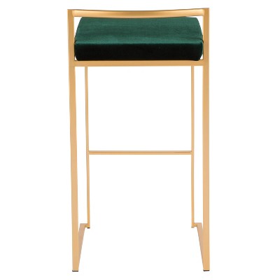 Fuji Gold Metal Barstool with Green Velvet Cushion, Set of 2