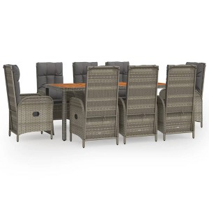 vidaXL 9-Piece Outdoor Patio Dining Set - Gray PE Rattan, Powder-Coated Steel Frame, Acacia Wood Table, Reclining Chairs with Cushions - 1 of 4
