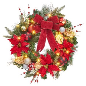 24" Lighted Christmas Wreath for Front Door, Artificial Xmas Wreath with Red Berries, Flowers, Decorative Balls, for Indoor Outdoor Decoration - 1 of 4