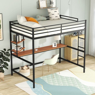 ALEXOUN Metal Loft Bed with Desk,Heavy Duty Metal Bed Frame with Storage Shelves,for Small Spaces, Bedroom,No Boxspring Required,