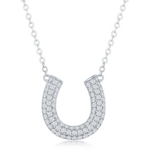 Bella Silver Sterling Silver Micro Pave Cubic Zirconia Horseshoe Necklace - Silver - 16+2 Inch - 1 of 2
