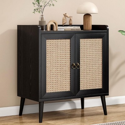 SEVOBAL Utility Storage Cabinets Vintage Rattan Sideboard Cabinet, Stylish Storage for Dining Room, Living Room and Hallway, Black, 15"*26.4"*30"