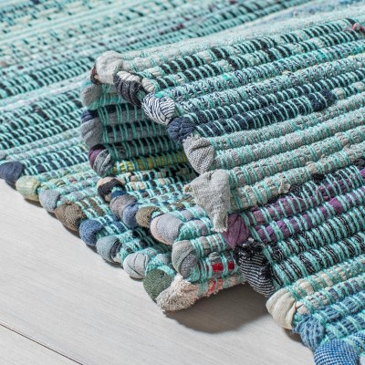 Hand-Woven Turquoise Stripe Cotton Area Rug, 8' x 10'