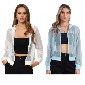INSPIRE CHIC Women's Zip Up Long Sleeve Mesh Sheer Hoodie Bomber Jackets 2 Packs - 1 of 4