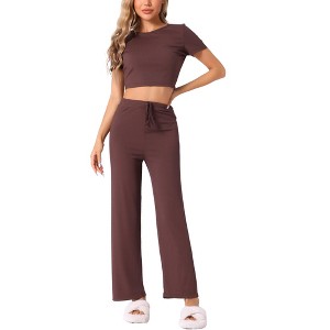 INSPIRE CHIC Women's Ribbed Knit Short Sleeve Crop Top with Pants Outfits Lounge Sets - 1 of 4