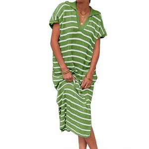 Clearlove Womens V Neck Striped Ribbed Knit Dresses Short Sleeve Slit Stretch Loose Maxi Summer Dress - 1 of 4