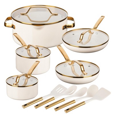 Gotham Steel Modern 15 Pc Ceramic Nonstick Pots and Pans Cream Cookware Set with Utensils