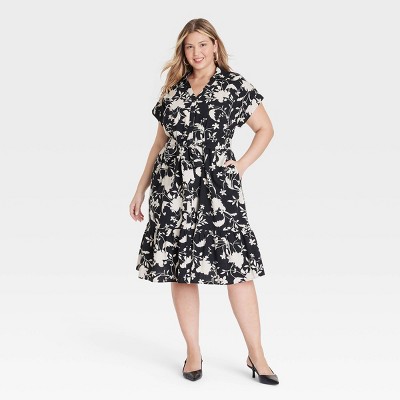 Women's Short Sleeve Tiered Midi Shirtdress - Ava & Viv™ Black Floral 3X