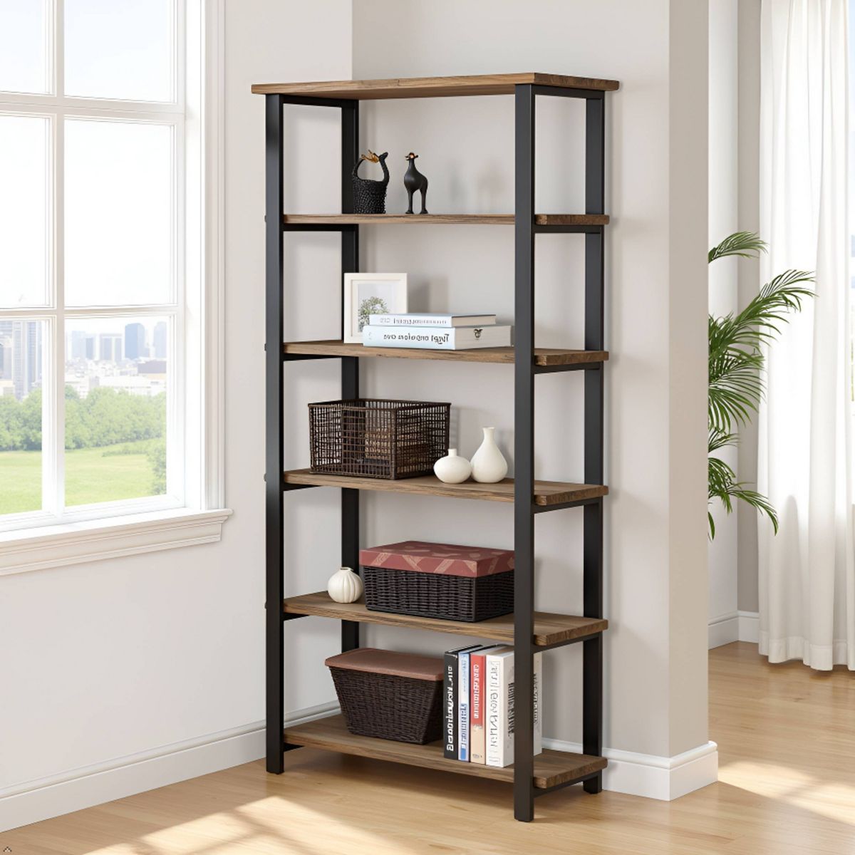70" Pomona 5 Shelf Bookshelf Metal and Solid Wood Natural - Alaterre Furniture - thumbnail 8
