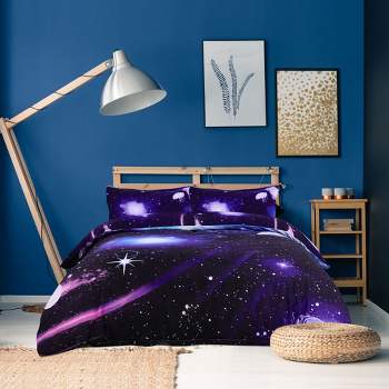 PiccoCasa Polyester Galaxy Sky Cosmos Night Pattern 3D Printed Duvet Cover Set with 2 Pillowcases 4 Pcs Queen Dark Purple
