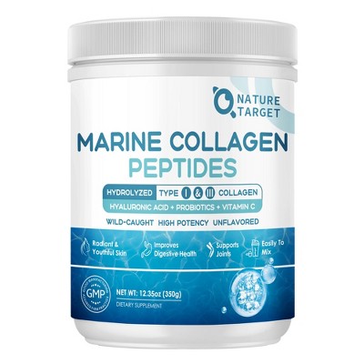 NATURE TARGET Marine Collagen Peptides Powder - Type I III Collagen with Probiotics, Vitamin C & Hyaluronic Unflavored 35 Servings