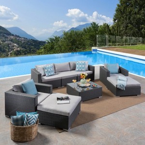 Christopher Knight Home Penny 8 Piece Patio Rattan and Iron Furniture Conversation Set with Tempered Glass Coffee Table - 1 of 4