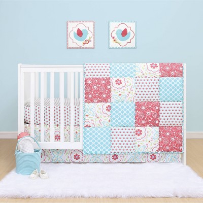 The Peanutshell Mila Microfiber Baby Crib Bedding Set - Floral Pink/Blue - 3pc
