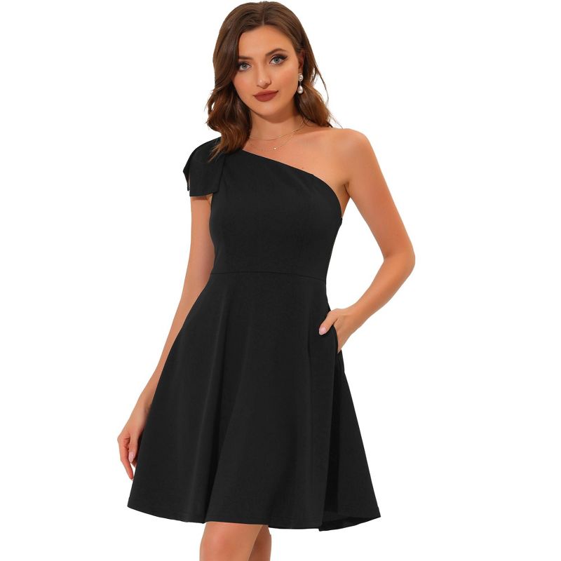 Allegra K Women's Elegant Bow One Shoulder A-line Cocktail Party Dress with Pockets, 1 of 7