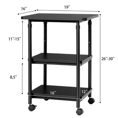 Black Adjustable 3-Tier Steel and Wood Rolling Printer Cart